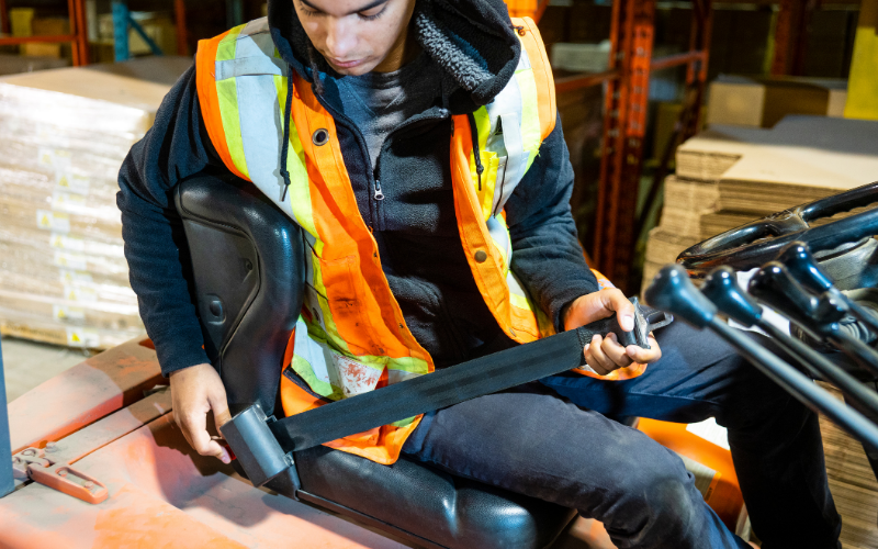 Seat belt on forklift warehouse safety